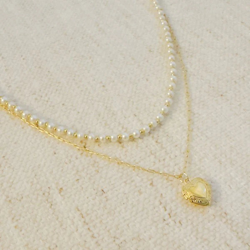 Pearls and Heart Locket Layered Necklace