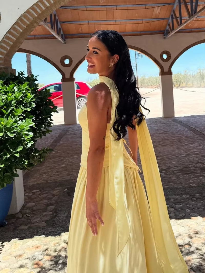 Elegant Off-Shoulder Strapless Yellow Long Dresses 2025 Summer Party Dress Women Pleat Scarf Neck Holiday Evening Lady Vestidos