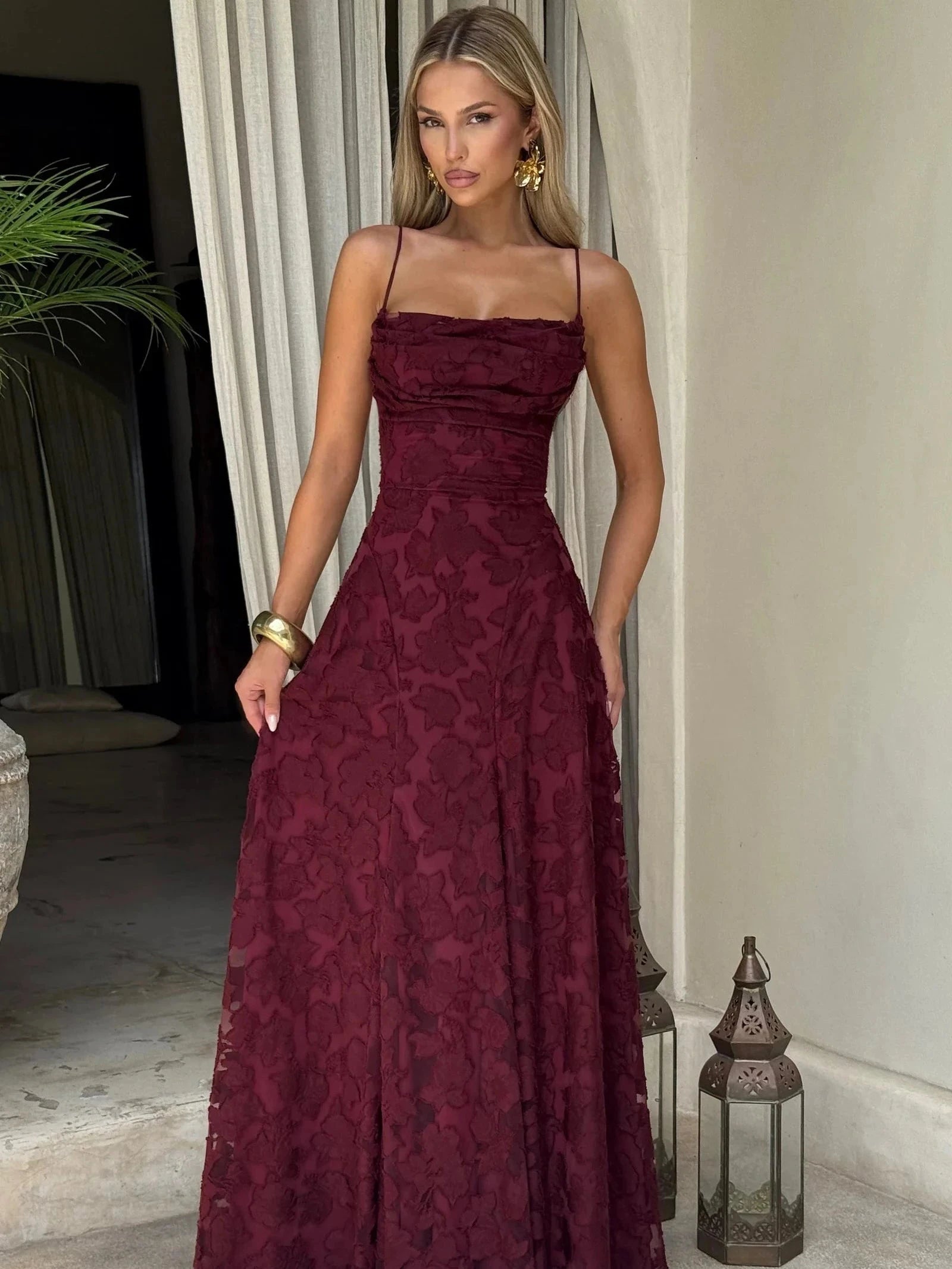 Sexy Backless Sleeveless Lace Pattern Long Dress, Plain Fitted Design, Elegant Formal Style, Formal Wear, Perfect for Parties and Events, Women'S Fashion