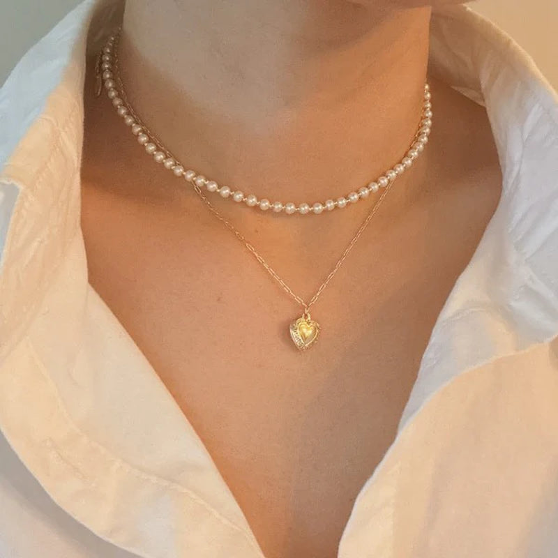 Pearls and Heart Locket Layered Necklace