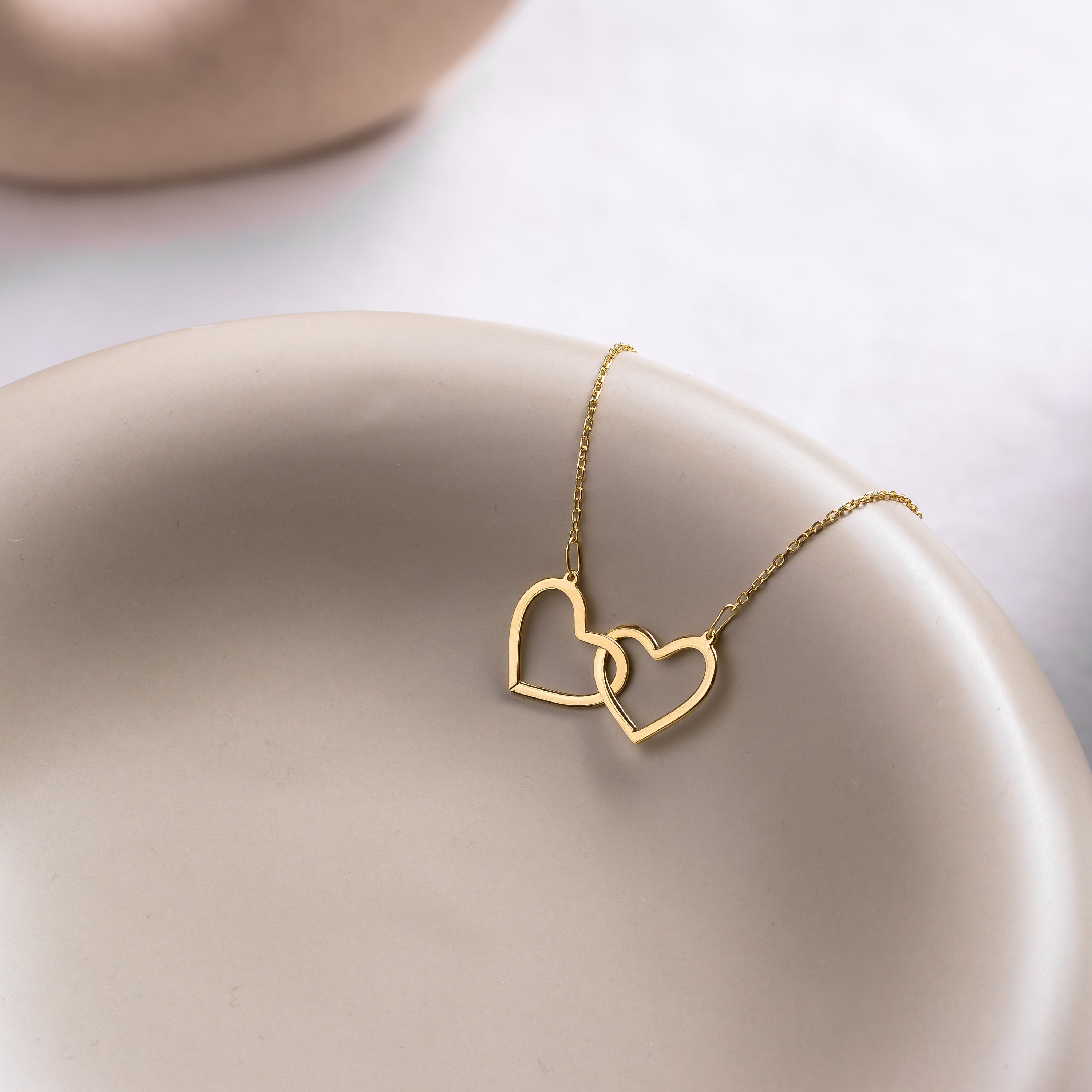 14K Gold Double Heart Necklace, Dainty Linked Gold Necklace, Two Heart Necklace Gift, Interlocked Hearts Necklace, Mother Daughter Pendant