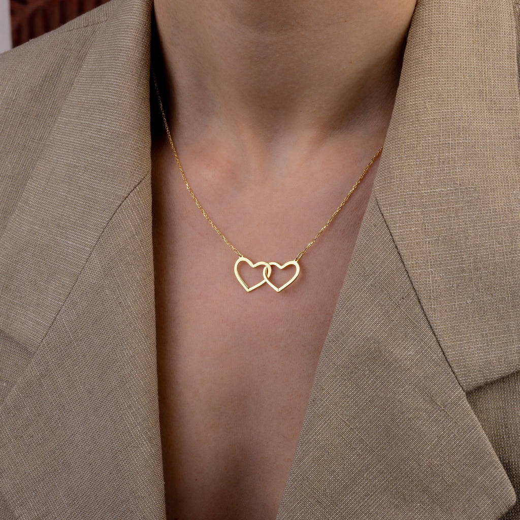 14K Gold Double Heart Necklace, Dainty Linked Gold Necklace, Two Heart Necklace Gift, Interlocked Hearts Necklace, Mother Daughter Pendant