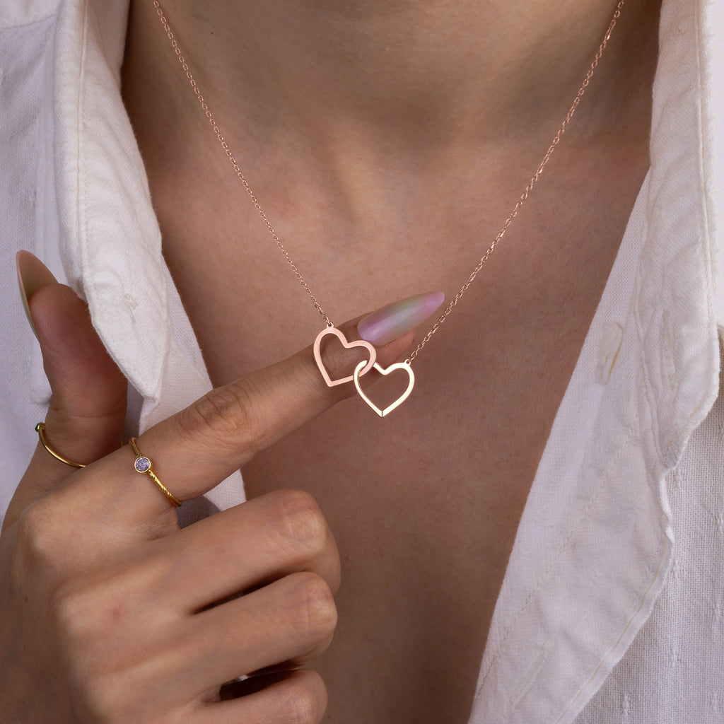 14K Gold Double Heart Necklace, Dainty Linked Gold Necklace, Two Heart Necklace Gift, Interlocked Hearts Necklace, Mother Daughter Pendant