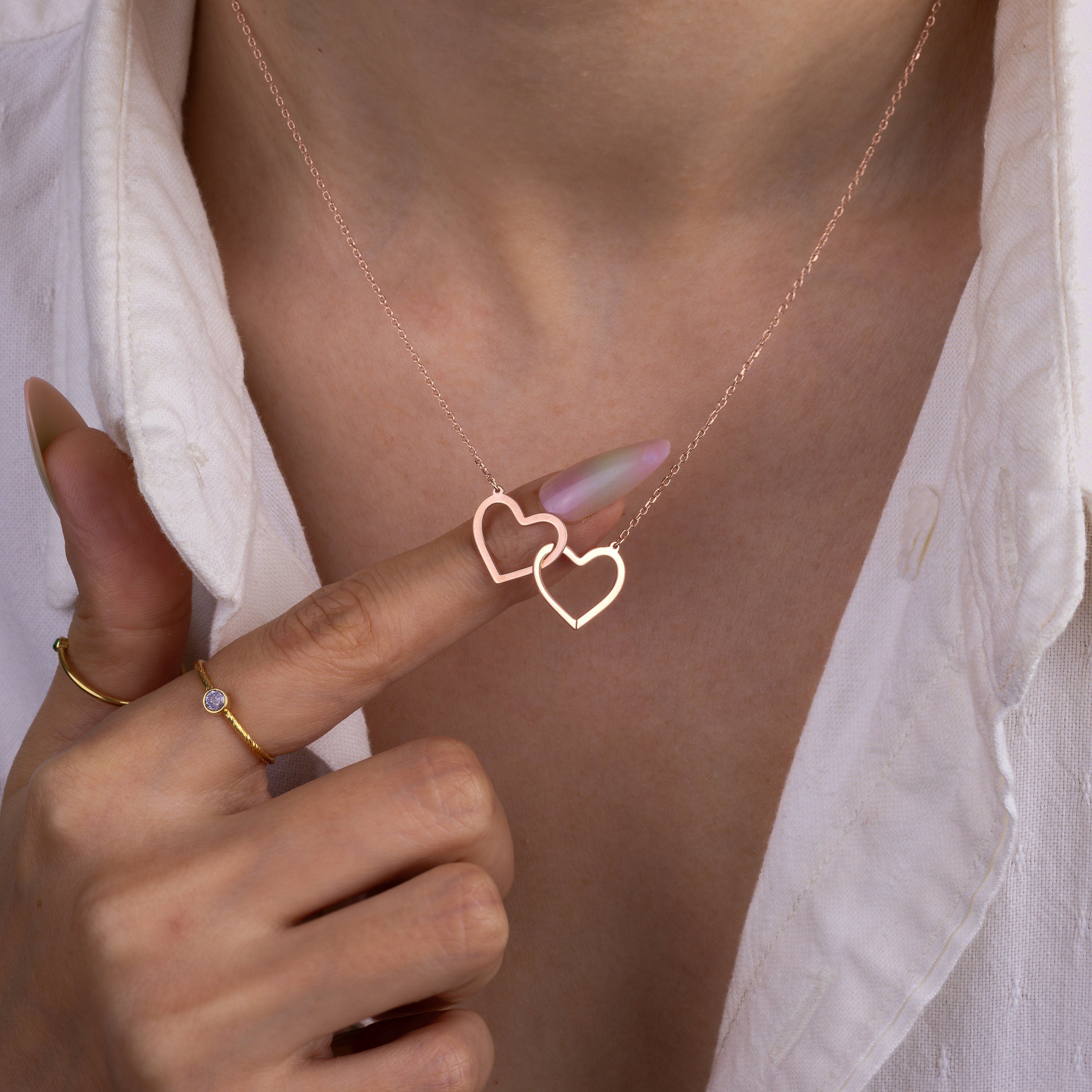 14K Gold Double Heart Necklace, Dainty Linked Gold Necklace, Two Heart Necklace Gift, Interlocked Hearts Necklace, Mother Daughter Pendant