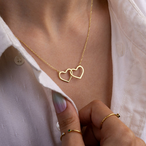 14K Gold Double Heart Necklace, Dainty Linked Gold Necklace, Two Heart Necklace Gift, Interlocked Hearts Necklace, Mother Daughter Pendant