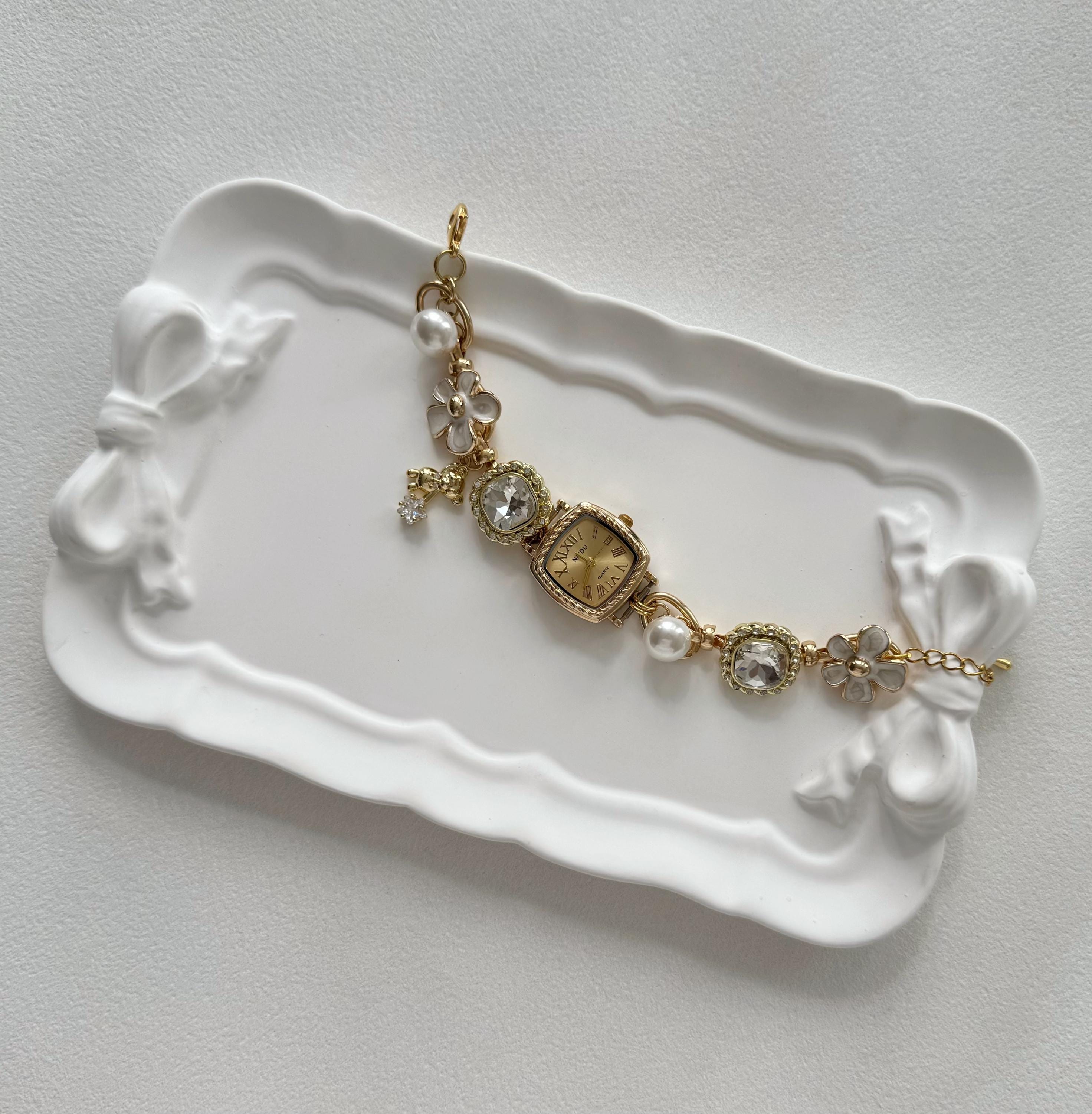 Retro Charms Watch Bracelet,Gold Plated Pearl & Bead Charms Jewelry,Feminine Romantic Timepiece,Dainty Wristwatch,Custom Gift for Women