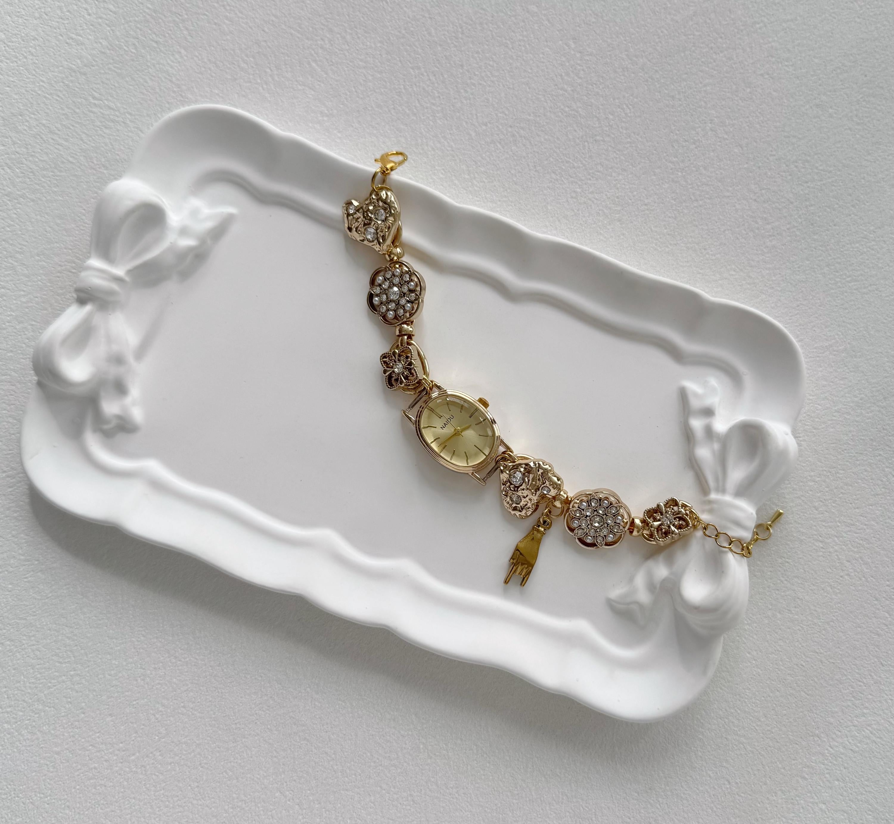 Retro Charms Watch Bracelet,Gold Plated Pearl & Bead Charms Jewelry,Feminine Romantic Timepiece,Dainty Wristwatch,Custom Gift for Women