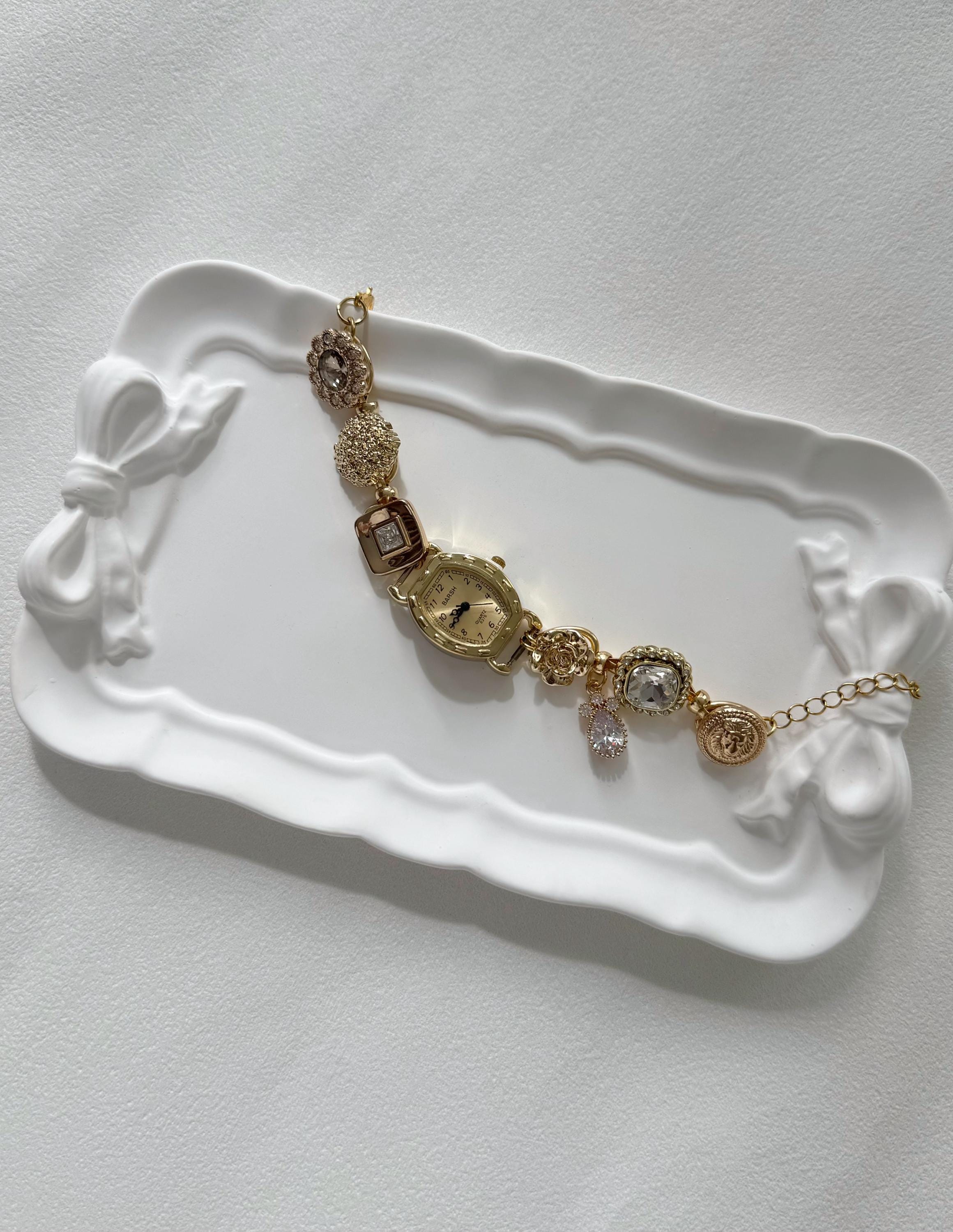 Retro Charms Watch Bracelet,Gold Plated Pearl & Bead Charms Jewelry,Feminine Romantic Timepiece,Dainty Wristwatch,Custom Gift for Women