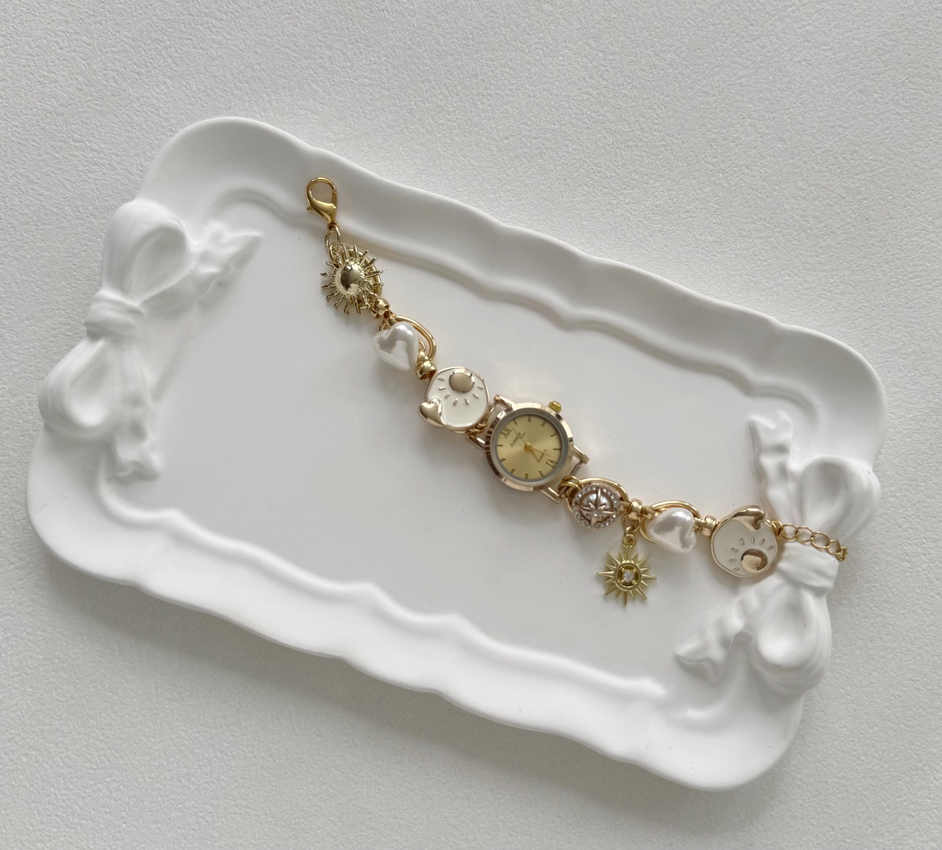 Retro Charms Watch Bracelet,Gold Plated Pearl & Bead Charms Jewelry,Feminine Romantic Timepiece,Dainty Wristwatch,Custom Gift for Women