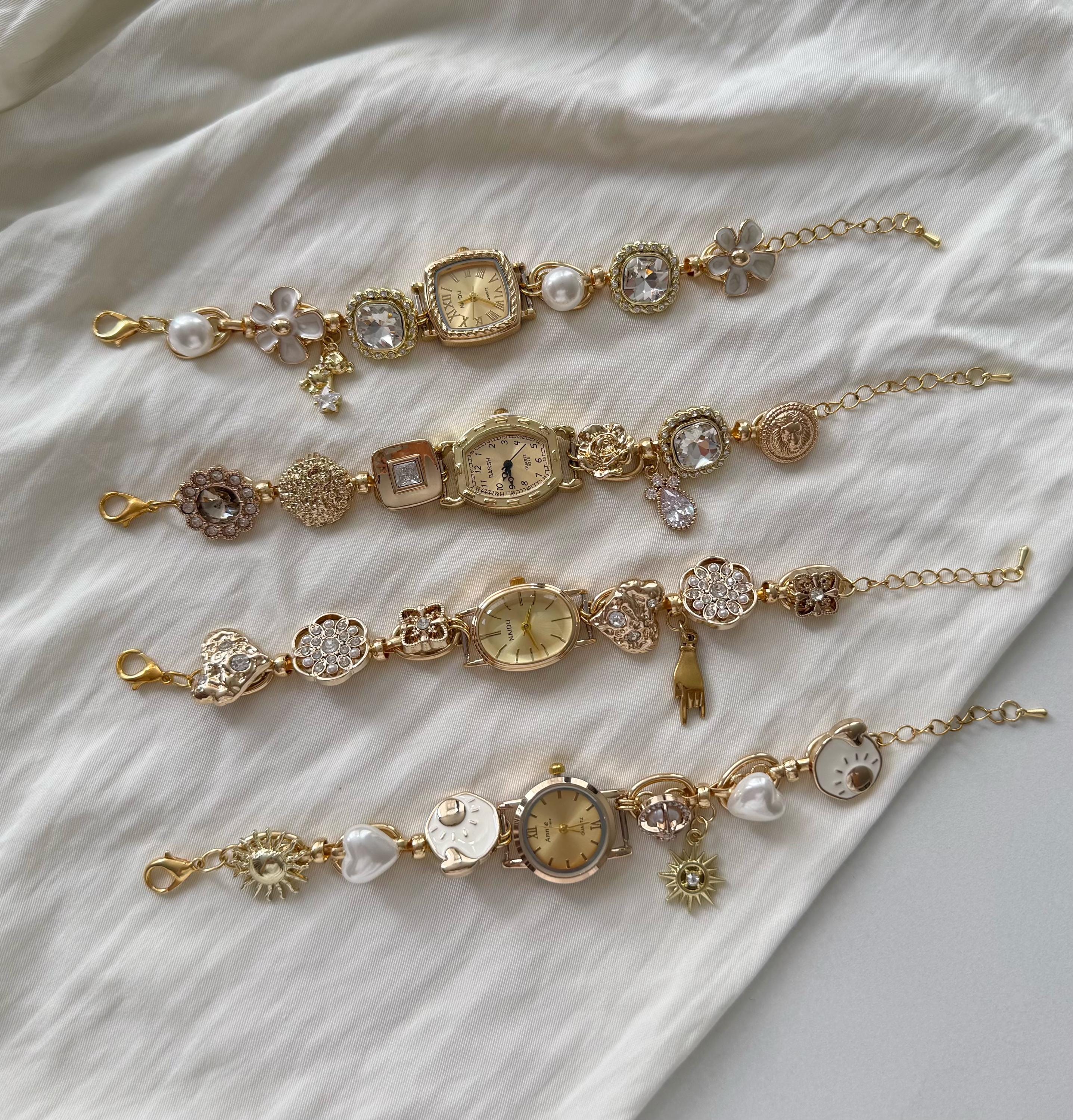 Retro Charms Watch Bracelet,Gold Plated Pearl & Bead Charms Jewelry,Feminine Romantic Timepiece,Dainty Wristwatch,Custom Gift for Women